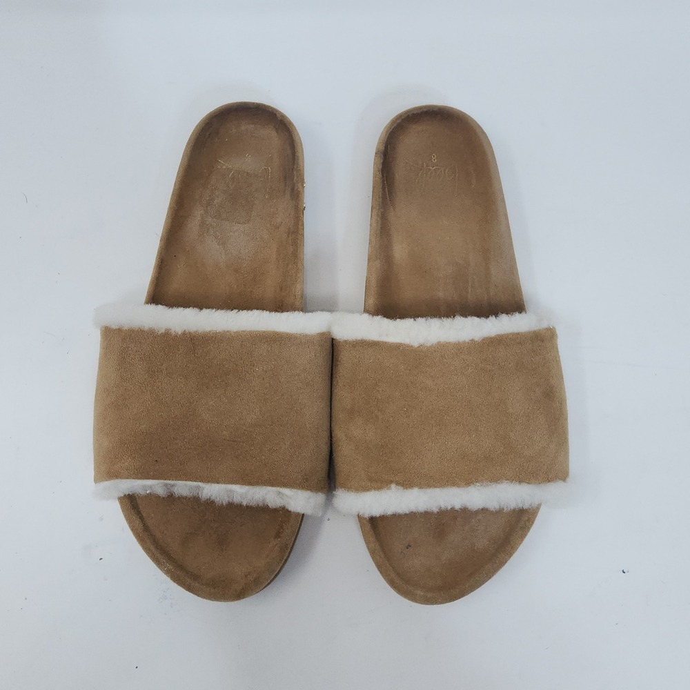 Beek Gallito Shearling Slide Sandals Women Sz 8 Tan Suede Faux Fur Flat Shoes - Picture 3 of 10